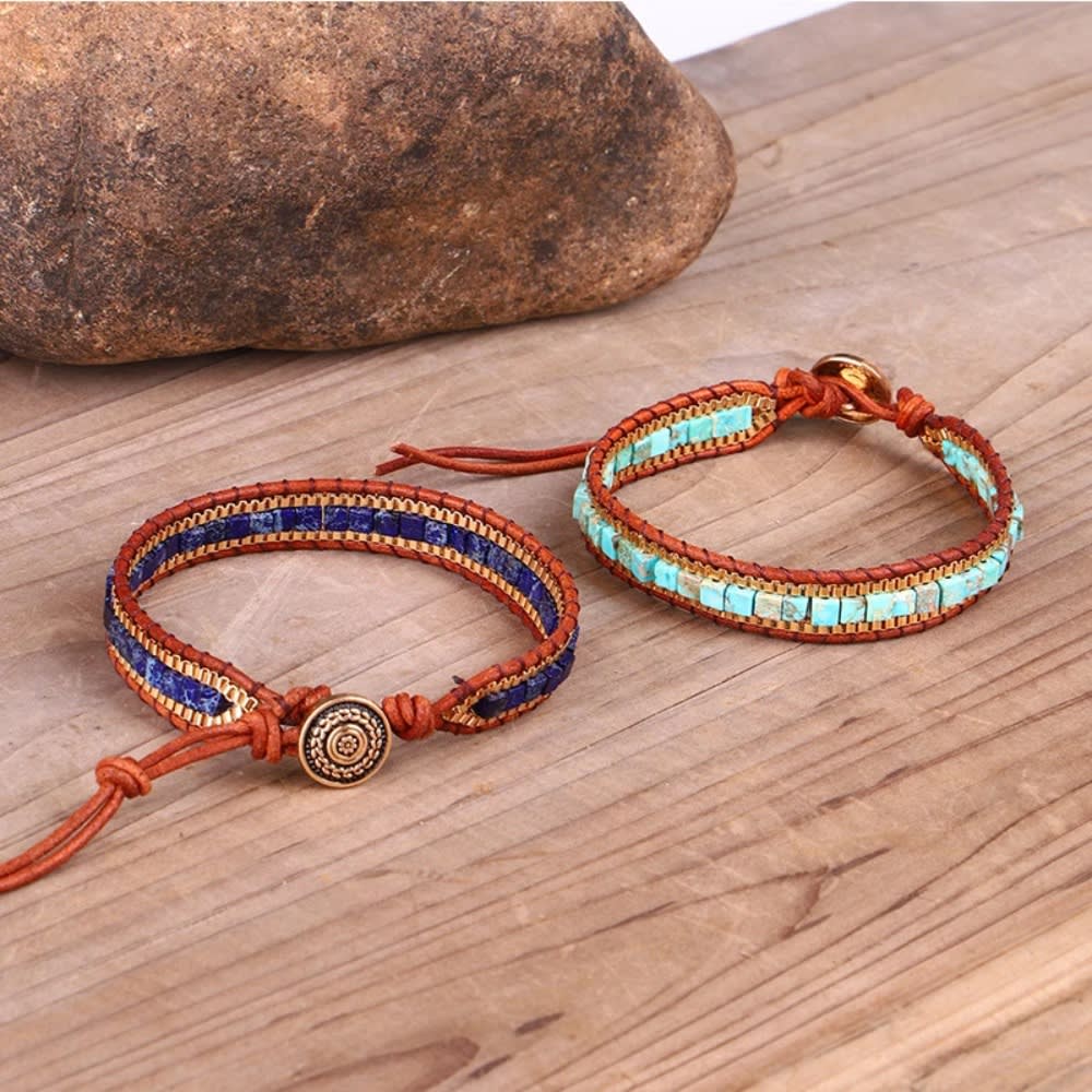 Natural Stone 4mm Square Emperor Stone Beaded Bracelet Hand Braided Venetian Chain Leather Bracelet for Men Women Gifts